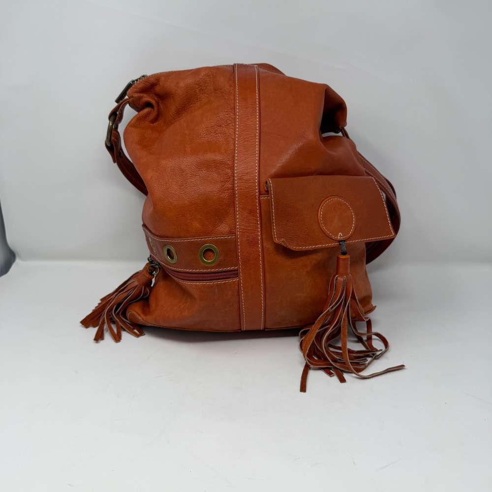 Avorio Italian Leather Tassel Shoulder Bag Orange Boho Womens Large